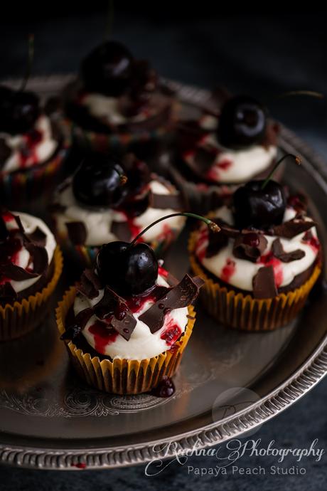 Eggless Black forest cupcakes with Berry gardens British cherries