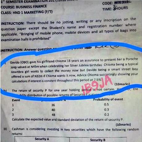 Davido & Chioma Featured In Yabatech’s Department Of Marketing Exam Questions (Photo)