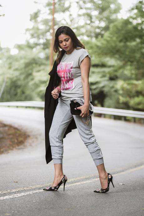 clarksburg premium outlets, athleisure outfit, heels, sweat pants, street style, embroidered high heels, vest style, layered fall look, style diaries, fashion, ootd, look of the day, myriad musings 