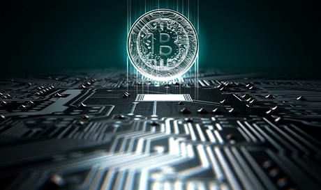 A 3D render of a macro view of a circuit board with a digital bitcoin projecting above it on a dark background