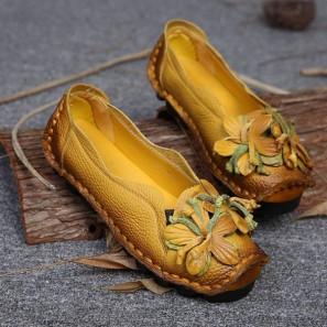 Socofy Genuine Leather Handmade Flower Loafers Soft Flat Casual Shoes