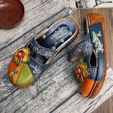 Socofy Vintage Colorful Leather Hollow Out Backless Shoes