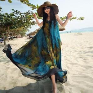 Boho Women Sleeveless O Neck Peacock Printed Maxi Dresses