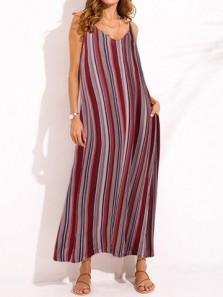 Boho Stripe Spaghetti Strap Backless Maxi Dress 