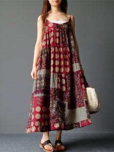 Boho Spaghetti Strap Printed Vintage Maxi Dresses