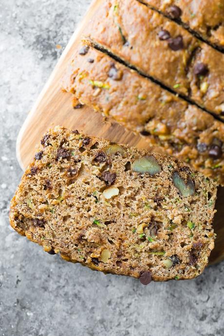 overhead view of the healthy zucchini bread recipe, sliced on a cutting board