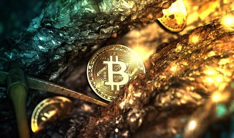 Golden bitcoin mining in deep golden cave with Pickaxe and some coin. - 3d illustration.