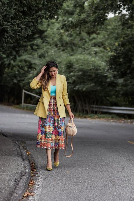 summer brights, zara embroidered skirt, sports bra, blue under armor sports bra, fashion, style, blazer, summer layering, myriad musings .