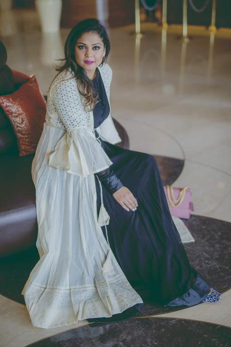 where to stay in jaipur and what to eat, Hilton Jaipur, travel blogger, style, sari style, satya paul style, coat over sari, coat with sari outfit, fusion look, long maxi eyelet dress , myriad musings