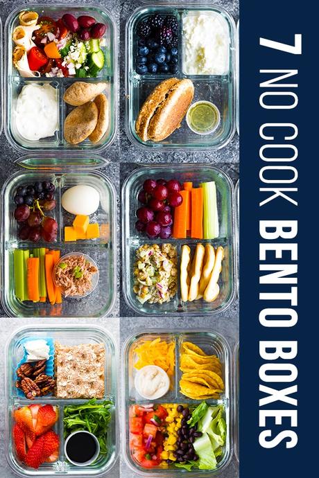 collage image showing 6 of the 7 no cook lunch box recipes