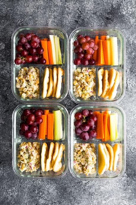 overhead shot of the chickpea salad lunch boxes