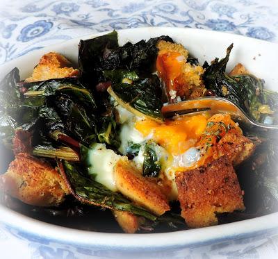 Baked Eggs with Swiss Chard & Garlic Croutons