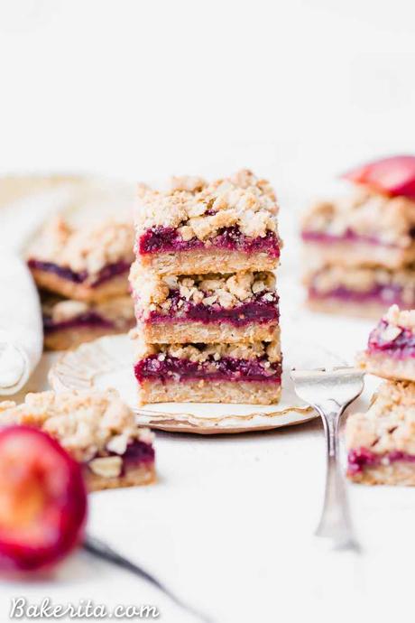 These Plum Crumble Bars have a delicious oatmeal crust and crumble topping that's filled with a simple plum jam. These simple bars highlight one of the summer's best stone fruits in a delicious gluten-free and vegan dessert.