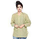 Twist Women's Green Jute Linen Casual Party Wear 3/4th Sleeve Short Kurti Top with Contrast & Free Shipping