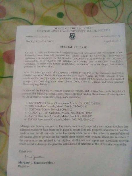 OAU Suspends Six Students Indefinitely for Alleged Cultism