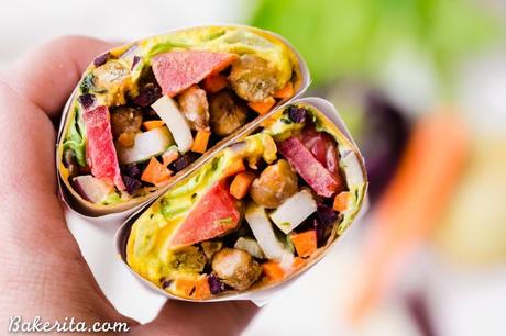 These Roasted Chickpea Veggie Wraps are a delicious gluten-free and vegan lunch or dinner that you can make ahead of time. They have a wonderful Turmeric Hummus spread inside and a Tahini Dressing/Dipping Sauce to serve with!