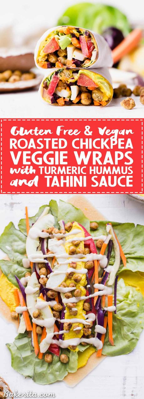 These Roasted Chickpea Veggie Wraps are a delicious gluten-free and vegan lunch or dinner that you can make ahead of time. They have a wonderful Turmeric Hummus spread inside and a Tahini Dressing/Dipping Sauce to serve with!