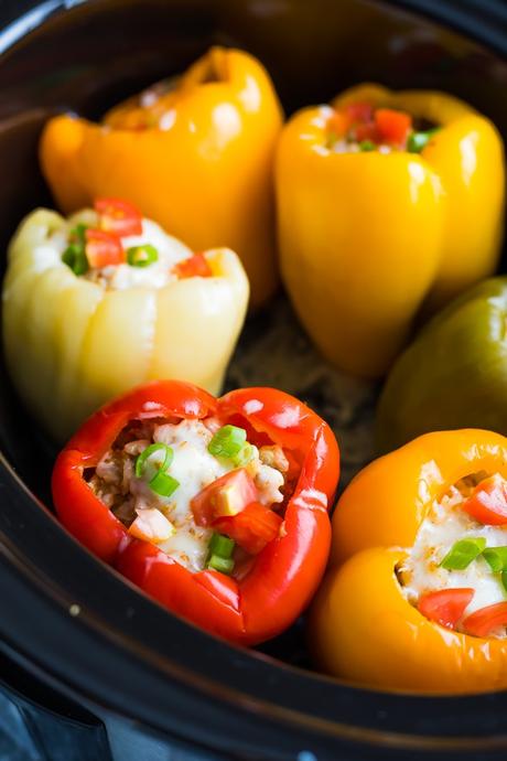 crock pot stuffed peppers in the slow cooker after cooking