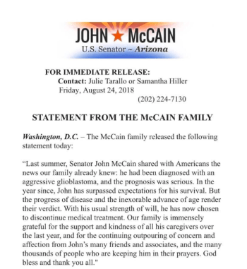 Prayers Needed: Senator John McCain To Stop Cancer Treatment