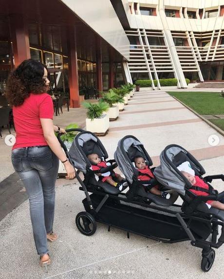 So Cute: Fani-Kayode’s Beautiful Wife, Precious And Her Triplets Step Out In Red (Photos)