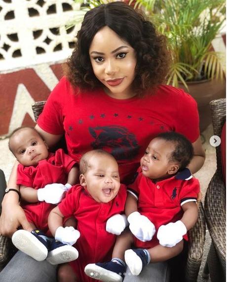 So Cute: Fani-Kayode’s Beautiful Wife, Precious And Her Triplets Step Out In Red (Photos)