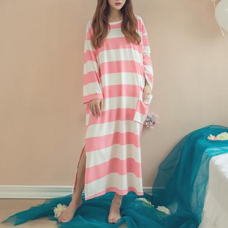 Casual Stripe Cotton Long Sleeve Nightgown Loose Sleepwear Loungewear For Women