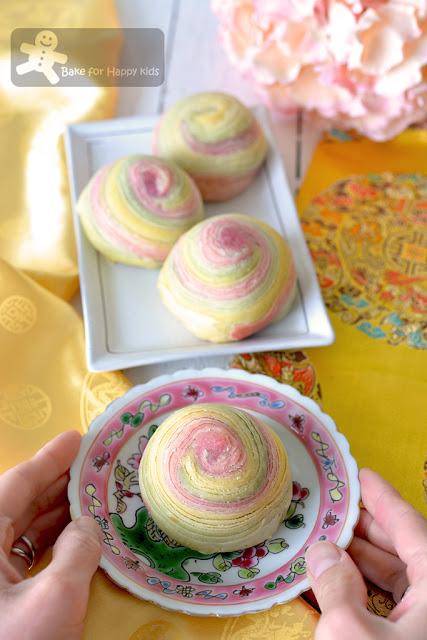 colourful spiral flaky pastry coconut custard mooncake less sugar