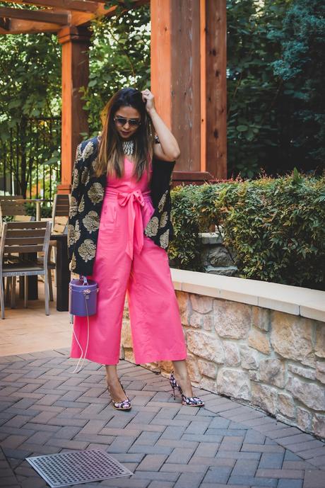 jumpsuit with jacquard blazer, indian brocade blazer, fusion outfit, salmon colored jumpsuit, fashion, street style, floral heels, black silk blazer, bow front jumpsuit, purple barrel bucket bag, myriad musings