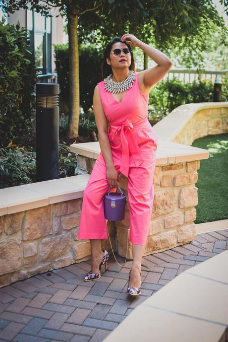 jumpsuit with jacquard blazer, indian brocade blazer, fusion outfit, salmon colored jumpsuit, fashion, street style, floral heels, black silk blazer, bow front jumpsuit, purple barrel bucket bag, myriad musings
