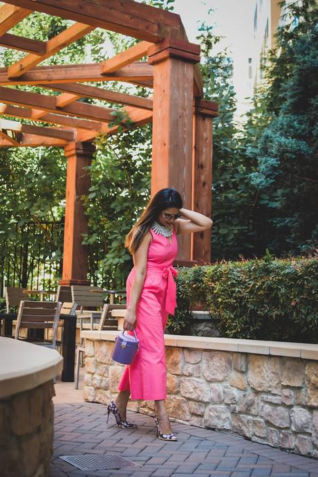 jumpsuit with jacquard blazer, indian brocade blazer, fusion outfit, salmon colored jumpsuit, fashion, street style, floral heels, black silk blazer, bow front jumpsuit, purple barrel bucket bag, myriad musings