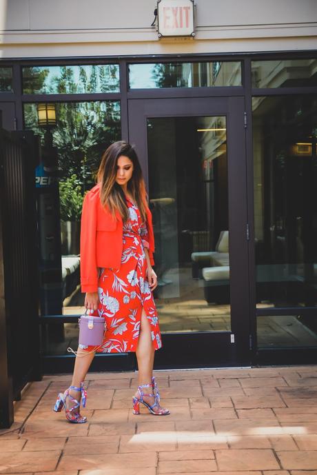 pantone color trend 2019, red, blue and white, brights, shirtdressm trench coat, J crew printed sandals, fashion, street style, long hair, monochromatic, fall fashion, fall style, myriad musings
