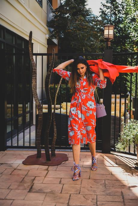 pantone color trend 2019, red, blue and white, brights, shirtdressm trench coat, J crew printed sandals, fashion, street style, long hair, monochromatic, fall fashion, fall style, myriad musings