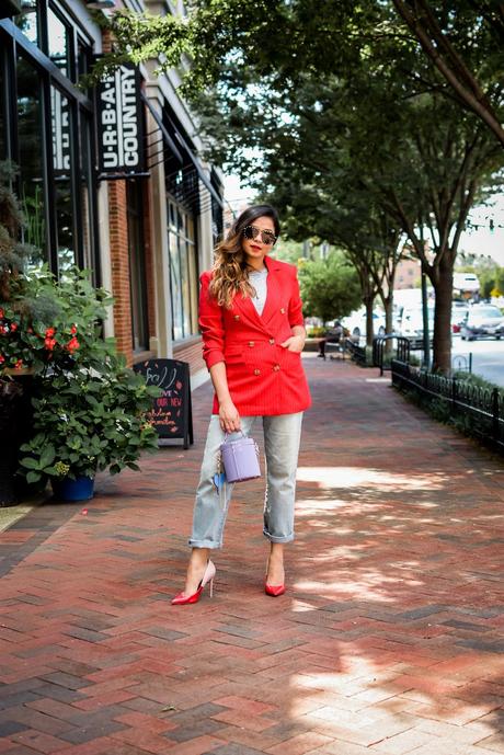 C/MEO collective red pinstripes double breat blazer, boyfrind jeans, red and blue and white, street style, bethesda photography, fashion blogger, dc blogger, style, ootd, style icon, red colorblock pumps style, myriad musings 