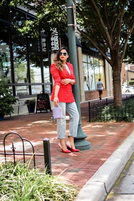 C/MEO collective red pinstripes double breat blazer, boyfrind jeans, red and blue and white, street style, bethesda photography, fashion blogger, dc blogger, style, ootd, style icon, red colorblock pumps style, myriad musings 