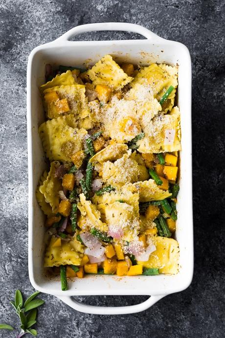 Baked Ravioli with Butternut Squash in a casserole dish