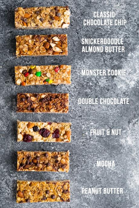7 homemade granola bars with recipe names