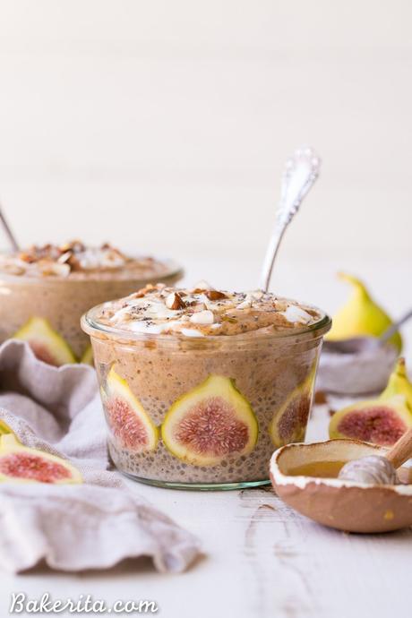 These Cinnamon Fig Chia Pudding & Overnight Oat Breakfast Parfaits are a delicious make-ahead breakfast that you'll love to have ready to go in your freezer! The fresh figs are such a scrumptious and beautiful treat in this gluten-free, refined sugar-free, and vegan breakfast.