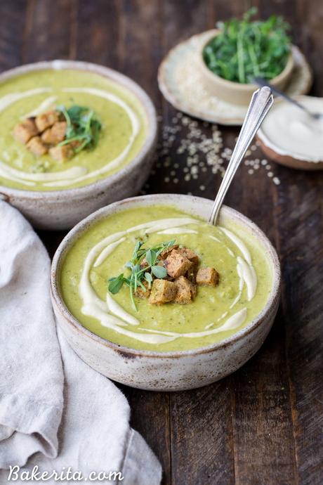 This Creamy Broccoli Quinoa Soup is thickened with cashews and swirled with an easy cashew cream sauce. It's rich and filling thanks to the quinoa and cashews and bright from a squeeze of fresh lemon juice. You'll love this gluten-free and vegan soup on these chillier days!