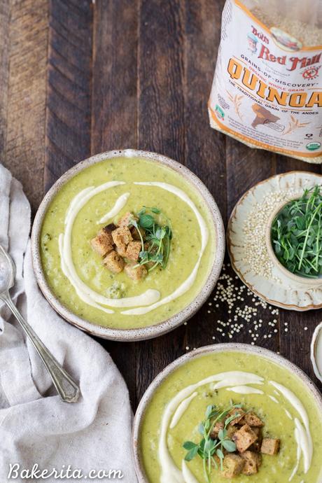 This Creamy Broccoli Quinoa Soup is thickened with cashews and swirled with an easy cashew cream sauce. It's rich and filling thanks to the quinoa and cashews and bright from a squeeze of fresh lemon juice. You'll love this gluten-free and vegan soup on these chillier days!