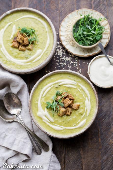 This Creamy Broccoli Quinoa Soup is thickened with cashews and swirled with an easy cashew cream sauce. It's rich and filling thanks to the quinoa and cashews and bright from a squeeze of fresh lemon juice. You'll love this gluten-free and vegan soup on these chillier days!