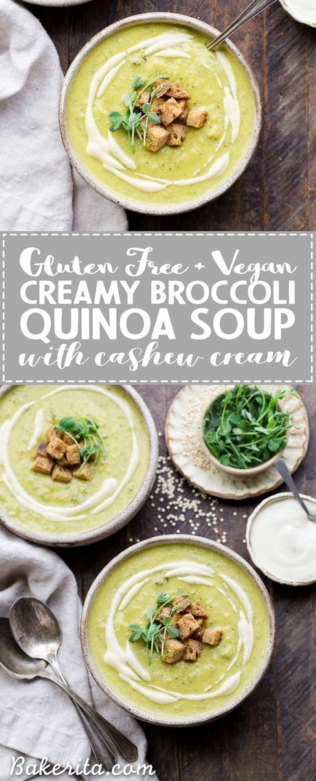 This Creamy Broccoli Quinoa Soup is thickened with cashews and swirled with an easy cashew cream sauce. It's rich and filling thanks to the quinoa and cashews and bright from a squeeze of fresh lemon juice. You'll love this gluten-free and vegan soup on these chillier days!