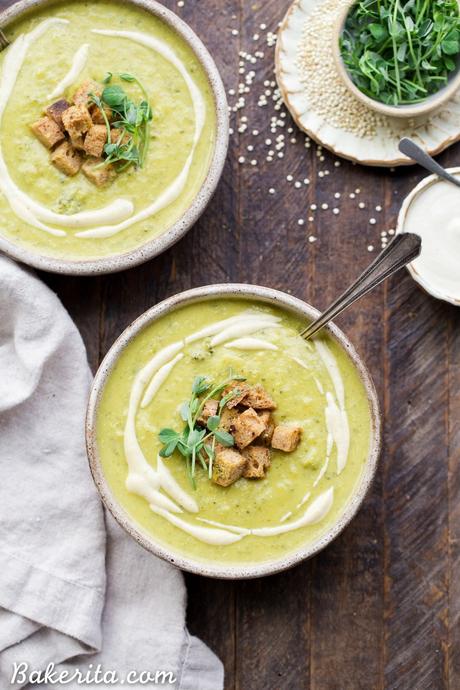 This Creamy Broccoli Quinoa Soup is thickened with cashews and swirled with an easy cashew cream sauce. It's rich and filling thanks to the quinoa and cashews and bright from a squeeze of fresh lemon juice. You'll love this gluten-free and vegan soup on these chillier days!