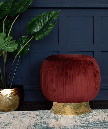 Stunning pleated velvet pouf with gold base