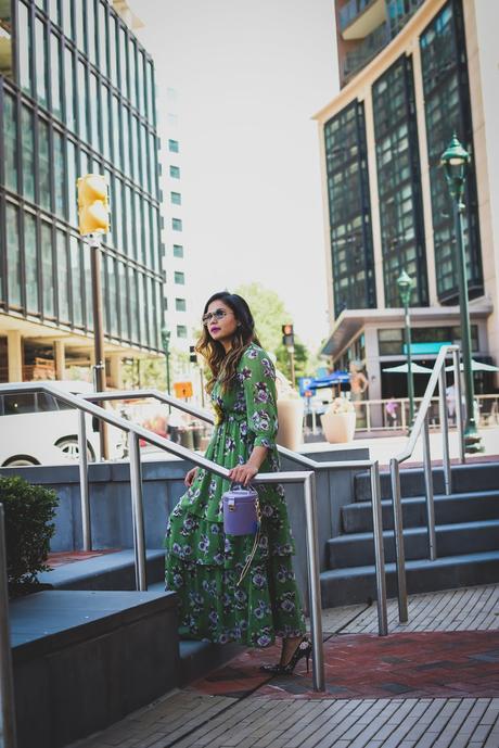 floral dress for fall, massimo dutti maxi dress, green maxi dress, purple lipstick, fall colors, pantone color of the year, street style, instachic, dc blogger, myriad musings