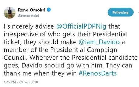 Reno Omokri Advises PDP To Make Davido Member Of The Campaign Council