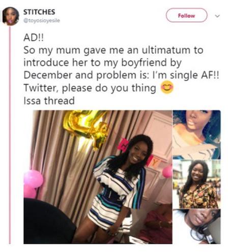 Meet Nigerian Lady Searches For Boyfriend On Twitter After Mom Gave Her December Deadline