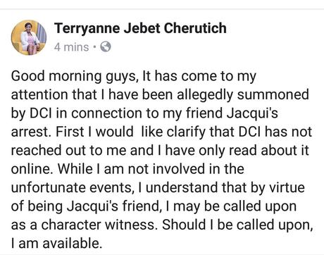 “I am not involved in the unfortunate events” Jacque Maribe’s friend Terryanne Chebet sets the record straight about police summon