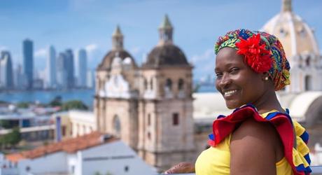 Woman in traditional Colombian dress.