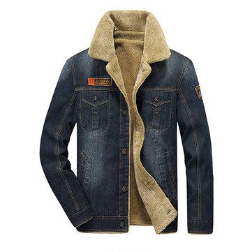 Winter Casual Thicken Warm Denim Jacket Multi Pockets Turn-Down Collar Coat for Men