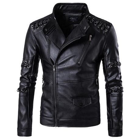 Motorcycle Braided Rope PU Leather Button Stand Collar Jackets for Men
